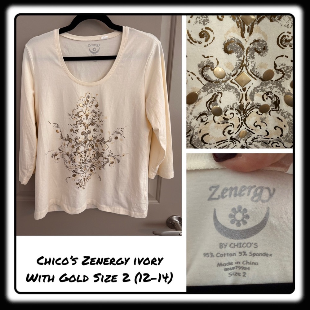 Chico’s Zenergy Ivory/Cream tee with Gold metallic lightweight Sz 2 (12-14).